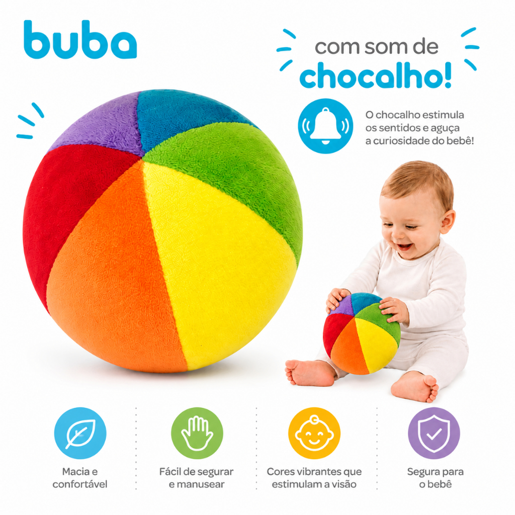 Bola de Pelúcia Buba Chocalho – Super macia e Divertida (+3m)
