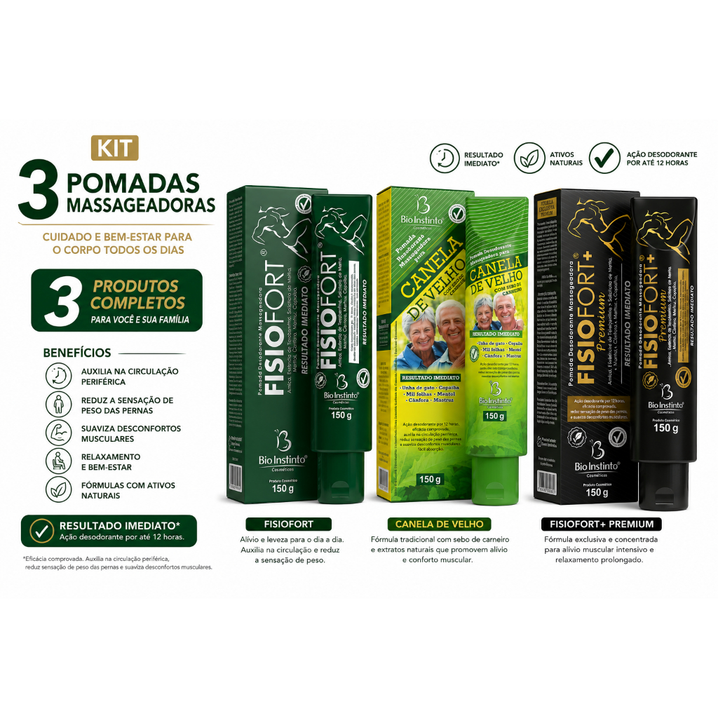Kit 3 Pomadas Massagem Bio Instinto 150g – Fisiofort VD+ Canela de Velho + Premium | Alívio Muscular e Bem-Estar |