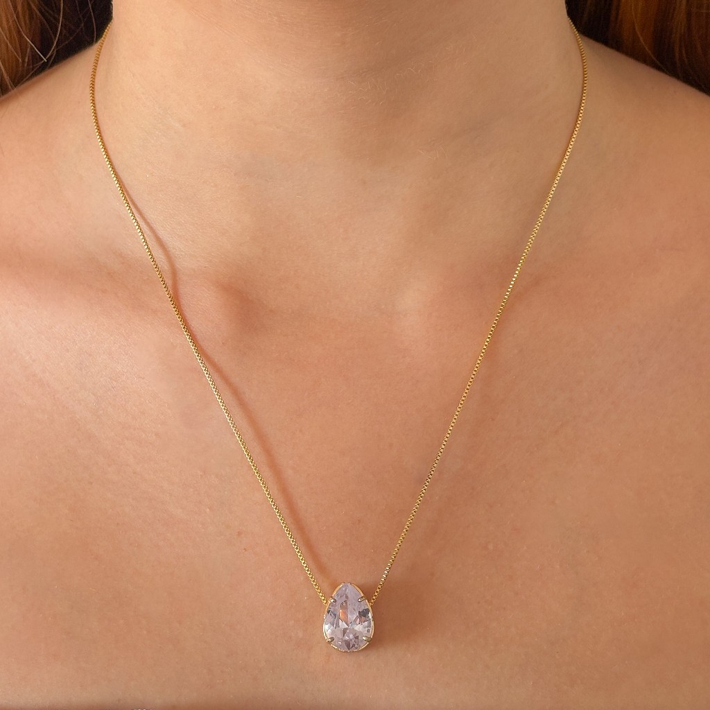 Colar Gota Cravejada Zircônia Banhado Ouro 18K Corrente Veneziana Delicado Feminino Brilhante