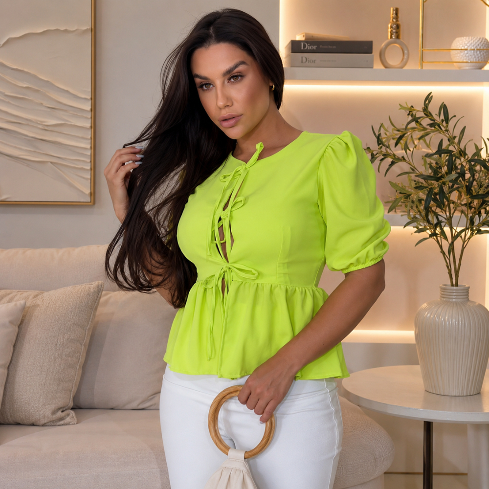 Blusa Bata Laço Peplum Crepe Duna Amarração Frontal Verde Pistache Moda Feminina