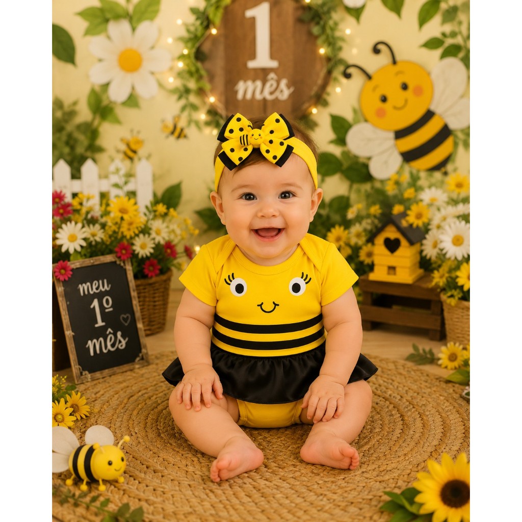 Body Bebê Mesversário Abelhinha Fantasia + Tiara faixa laço temático