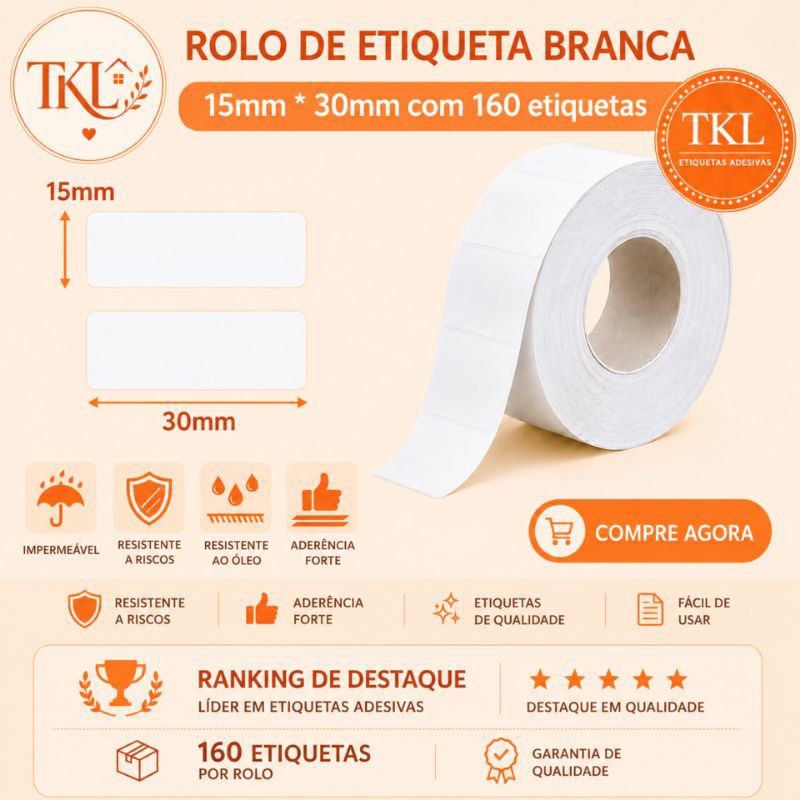 Rolo Bobina Papel Etiqueta Térmica 15x30mm Branca Adesiva para Mini Impressora Portátil 160 und – NIIMBOT NÃO COMPATÍVEL