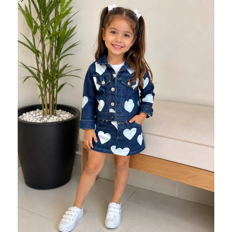 conjunto jeans coração menina infantil juvenil jaqueta short saia