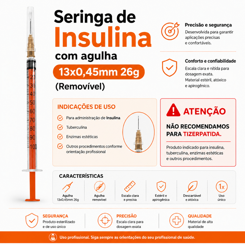 Seringa Insulina / Botox / Tuberculina com agulha13 x 0.45 - Removível - 26 G½ 1 mL 100 UI kit 10 / 20 / 50 / 100 unid