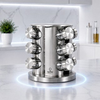 Porta Tempero Inox Giratório Vidro 12 Potes 360