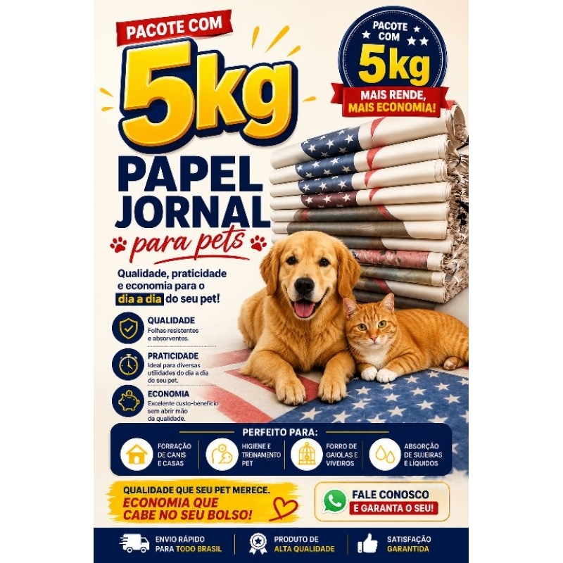 Papel jornal para Pet descartável 5kg 1,00x0,70 cachorros , gatos, pássaros papel grande