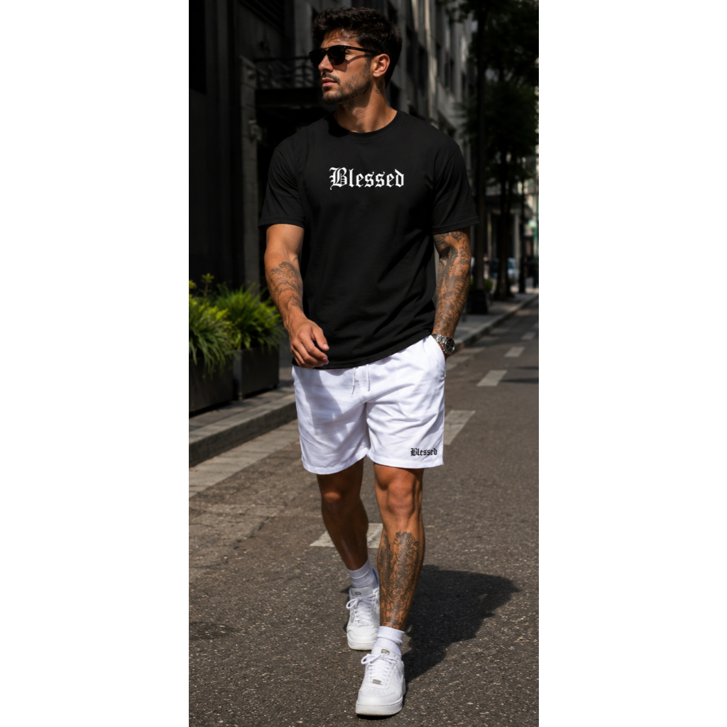 Kit Camiseta Masculina Básica Short Tactel Praia Piscina Academia Mauricinho Estampada Blessed Camisa Casual e Bermuda