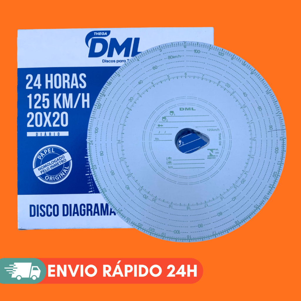 Disco Tacógrafo Diário 24 horas 125km 20x20 DML - Caixa com 100 Unidades