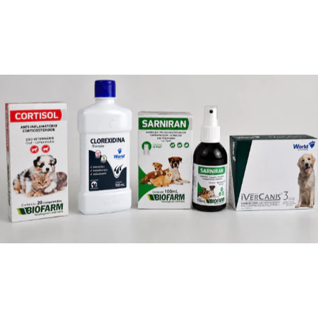Kit 1 Cortisol 20comp, 1 Shampoo Clorexidina 500ml, 1 Sarniran 100ml, 1 Ivercanis 3mg