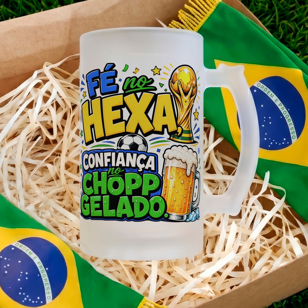 Caneca de Chopp Vidro Jateado Rumo ao Hexa Copa 2026 Fé no Hexa e Confiança no Chopp Gelado