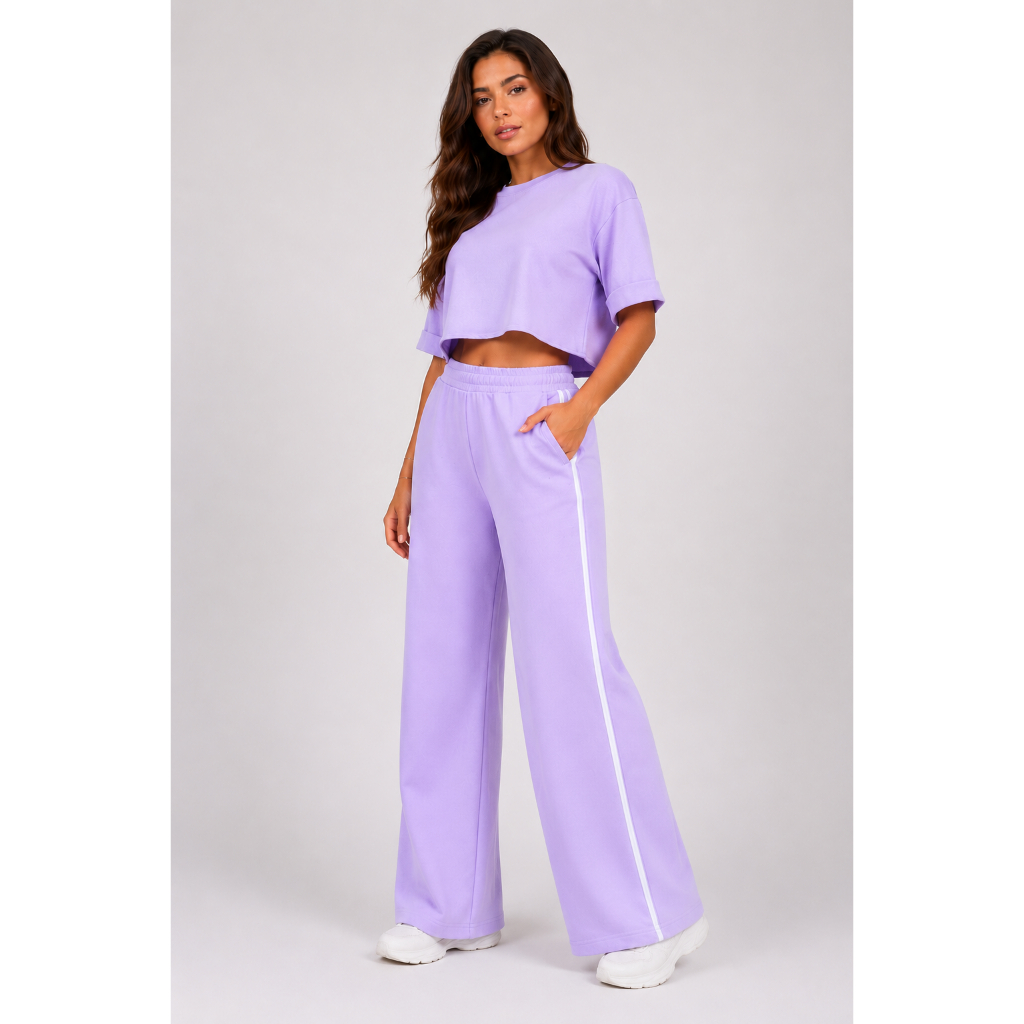 Calça De Moletom Pantalona Feminina c/ Listra e Bolsos Laterais Algodão Premium Cós Alt...