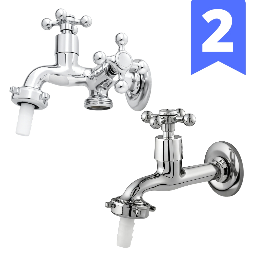 Kit 2 Torneiras Tanque e Máquina de Lavar Metal Com Bico Jardim Dupla Saída Lavanderia Parede CROMADA 1/4 Volta