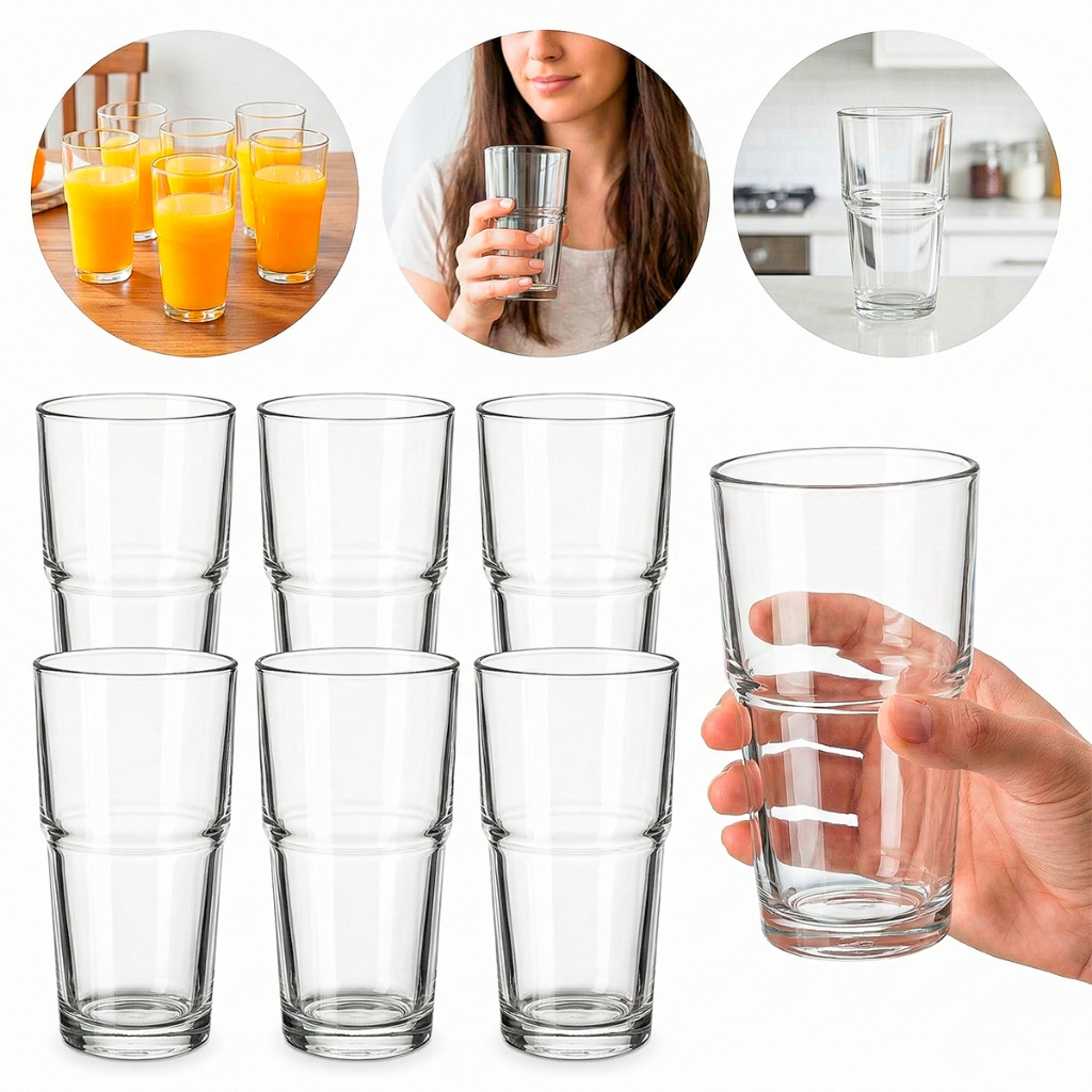 Jogo De Copos De Vidro Empilhável 350ml 6 Peças Transparente Cozinha Casa Hercos