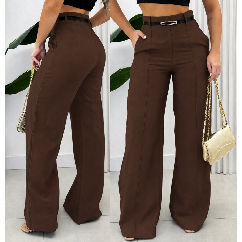 Calça Pantalona Feminina Alfaiataria Social Com Cinto Lançamento Elegancia Envio Imediato PROMOÇÃO Inverno