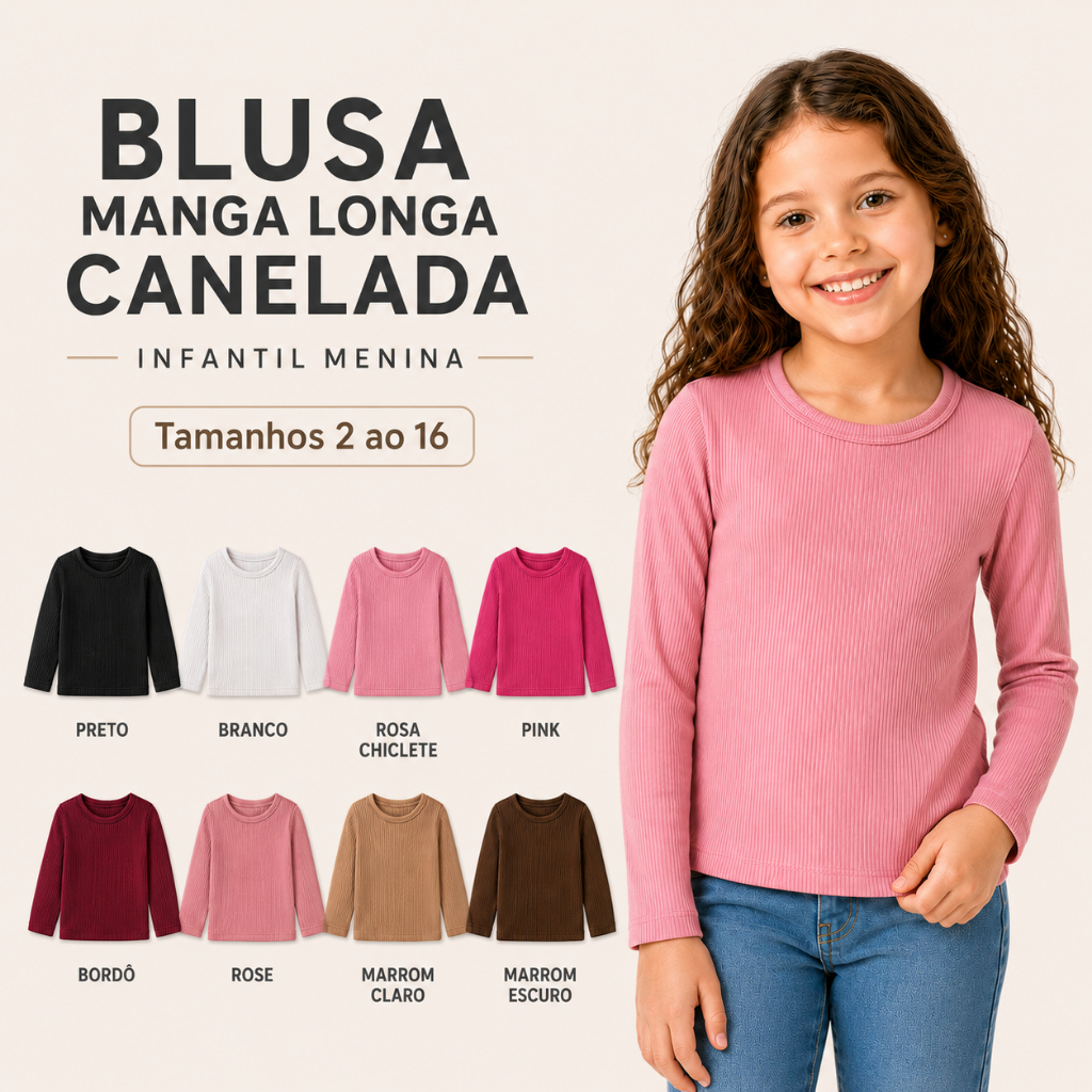 Kit 3 Blusas Infantil Manga longa Menina -Tamanho 2 ao 14 Tecido Canelado