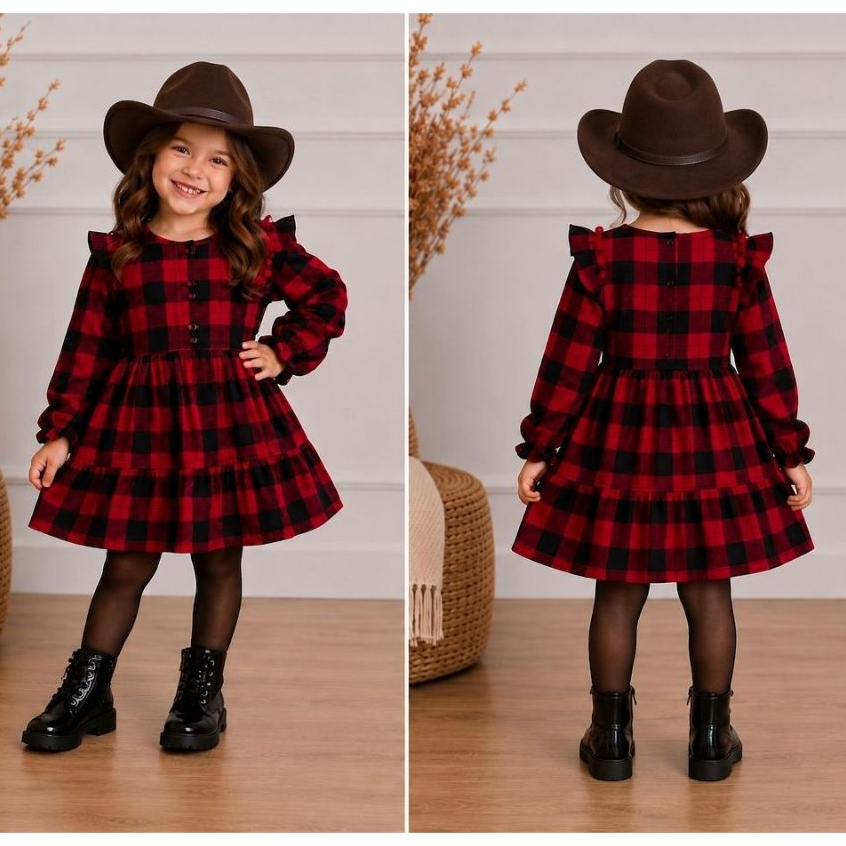 Vestido Xadrez infantil menina manga longa Ideal para festa Junina e São João tamanhos 2 ao 8 anos