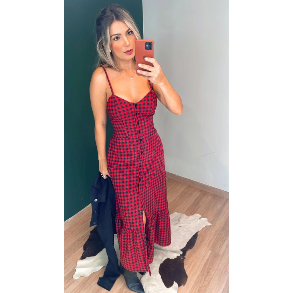 Vestido Midi Longo Com Botões Na Frente Alça Regulável