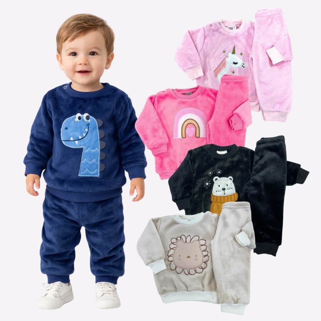 Conjunto Fleece com Bordado Inverno Bebê Infantil Peluciado Agasalho Quentinho para o Frio