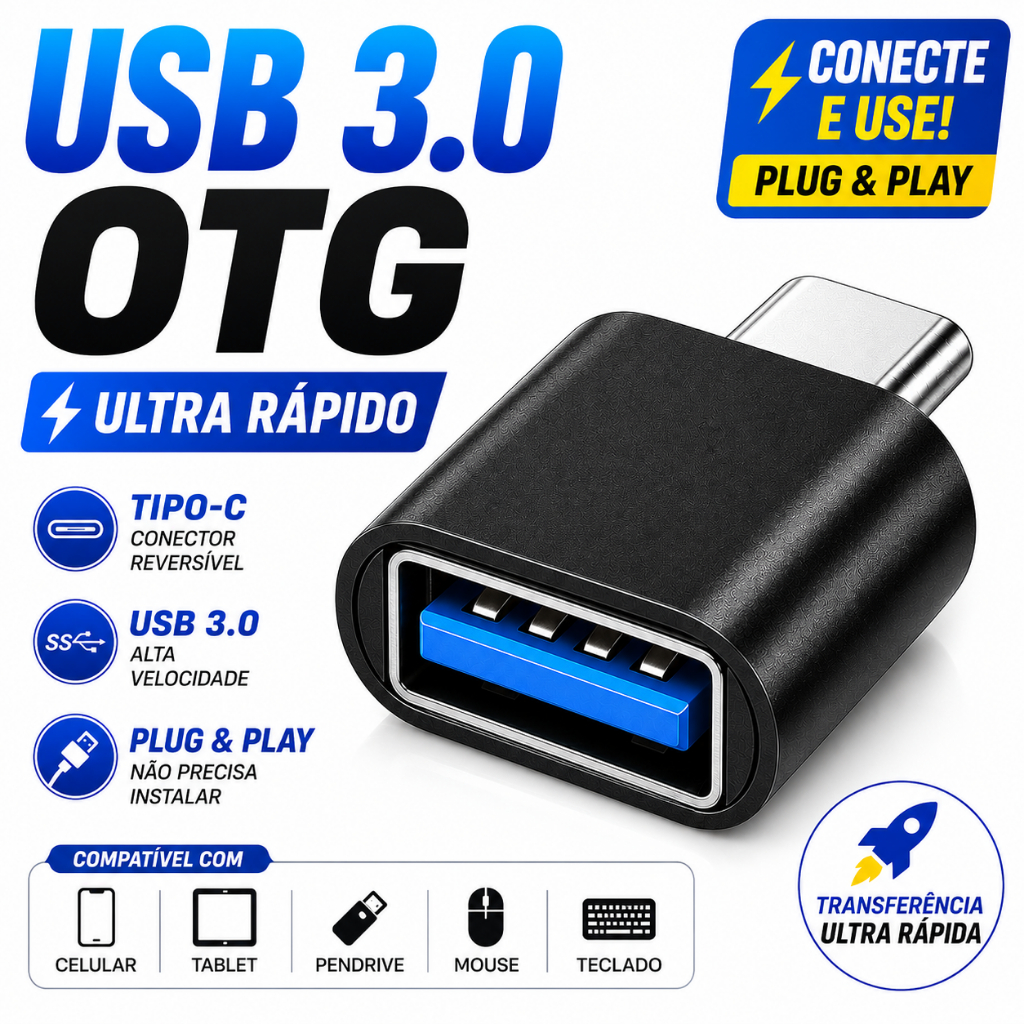 Adaptador OTG USB 3.0 Tipo C Alta Velocidade Para Celular Android Pendrive Mouse Teclado