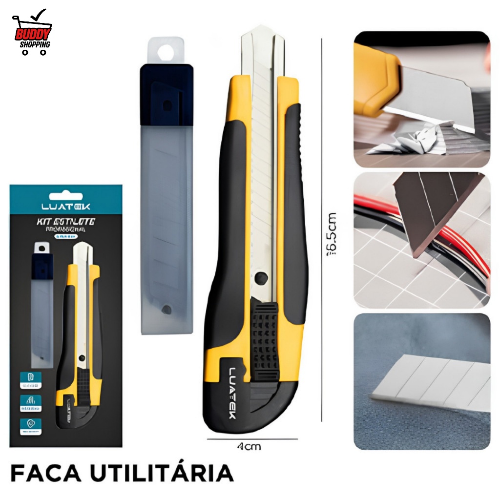 Estilete Profissional 18mm com Trava Automática + 3 Lâminas Extras de Aço Luatek