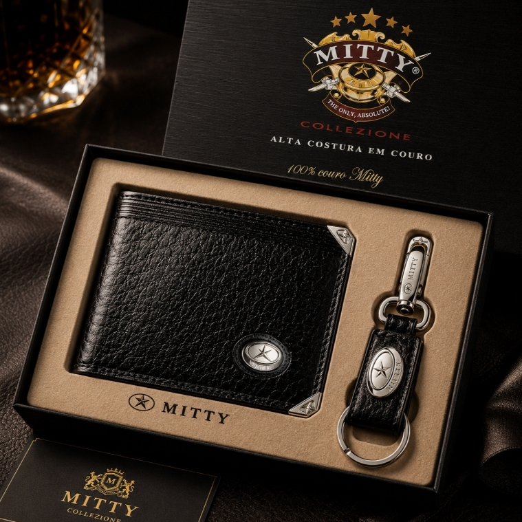 Kit Presente Carteira Masculina Com Chaveiro Luxo Mitty Collezione Couro 100% Legitimo - M1sch Original