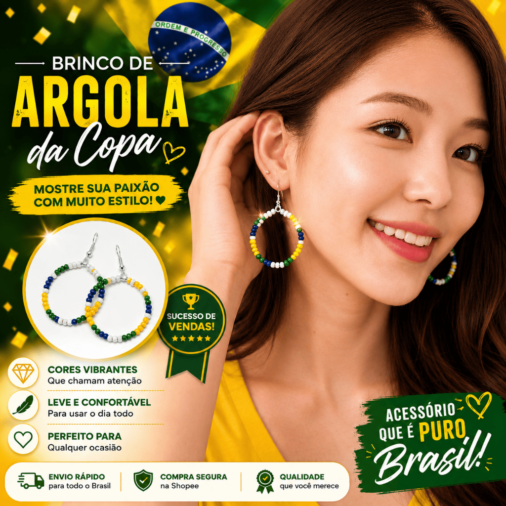 Brincos Argola Brasil Campeão - Brinco Verde e Amarelo Copa do Mundo Feminino.