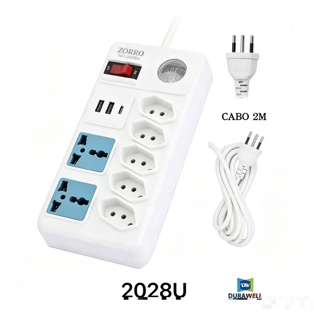 Regua Filtro de Linha 5 Tomadas Extensao Eletrica 2Universal 2 USB Bivolt 10A 110v/220v Cabo 2M - LUIZA