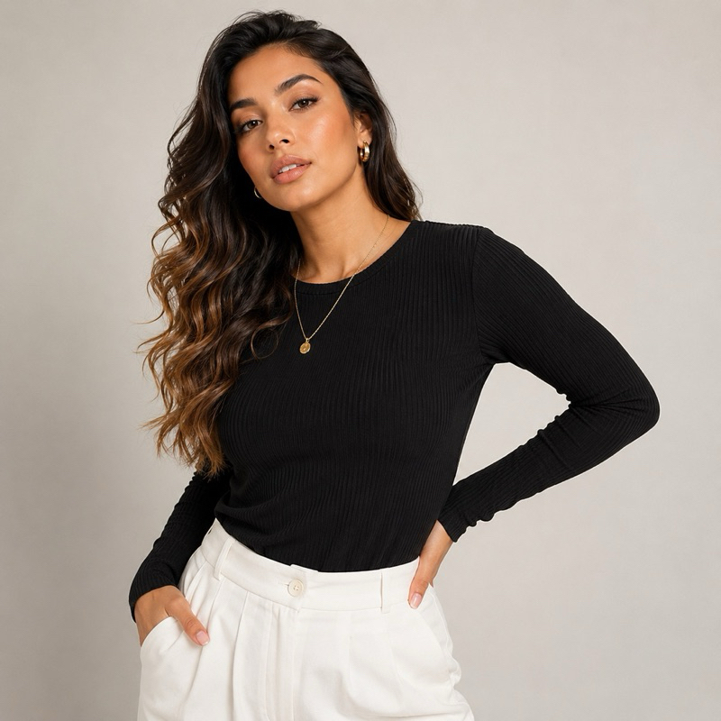 Blusa Canelada Feminina Manga Longa Preta 🔥 Elegante, Confortável Ajuste Perfeito Moda Inverno Casual Chic