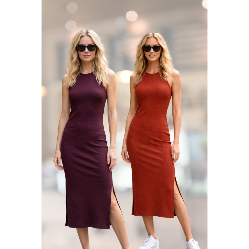 Kit 2 Peças Vestido Midi Tubinho Feminino Ribana Canelada Confortável Ajustado Casual Chic Elegante Blogueira Tendência