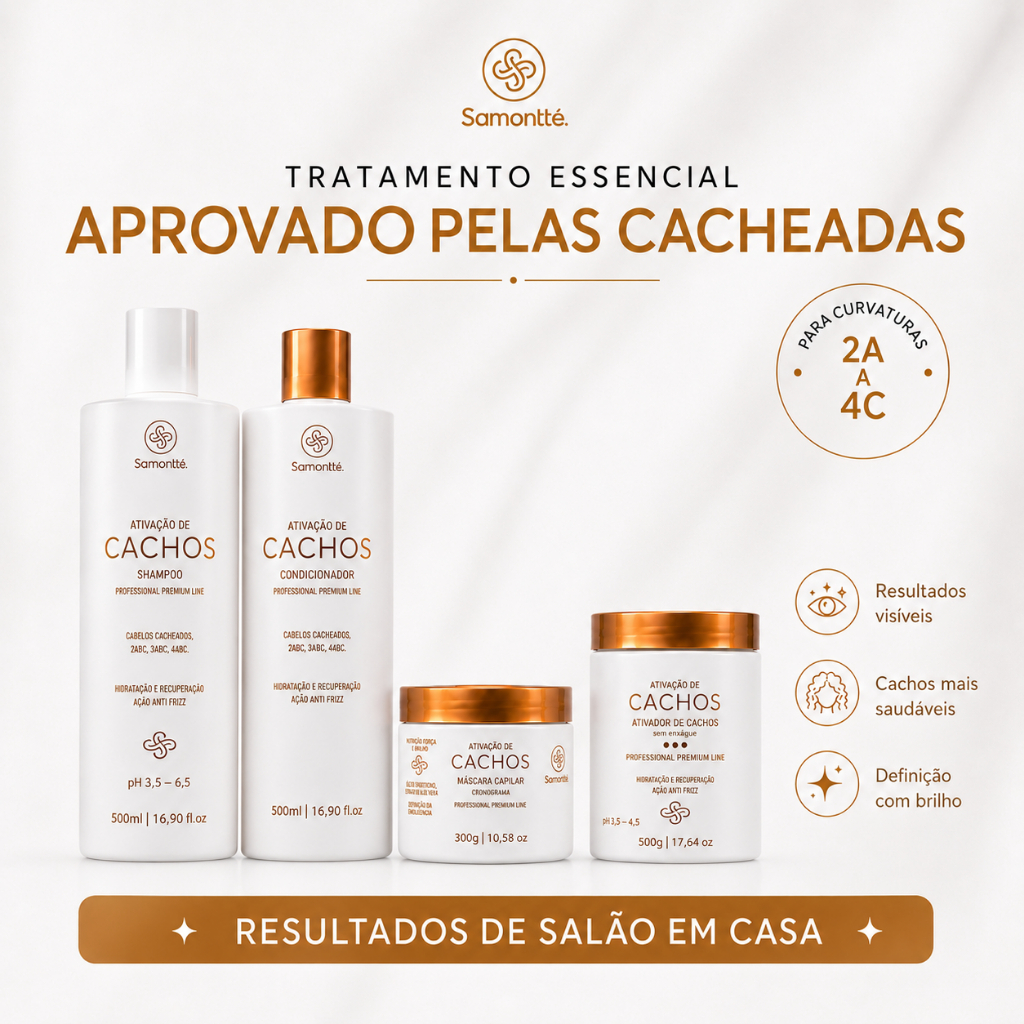 Kit Ativador de Cachos Com 4 Produtos Shampoo Condicionador Máscara e Finalizador Samontte