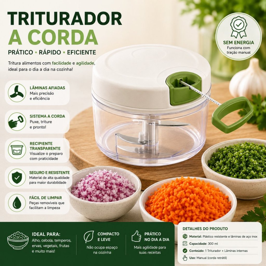 Triturador Manual de Alimentos Portátil 3 Lâminas Aço Inox Rápido e Prático
