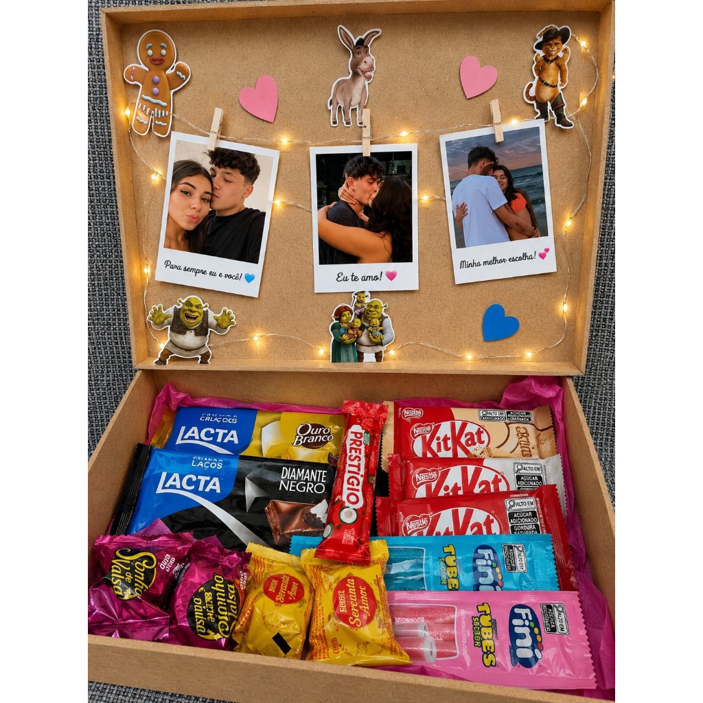 CAIXA MDF COM FOTOS ROMANTICO CHOCOLATE E LUZ DE LED - PRESENTES NAMORADOS CASAL
