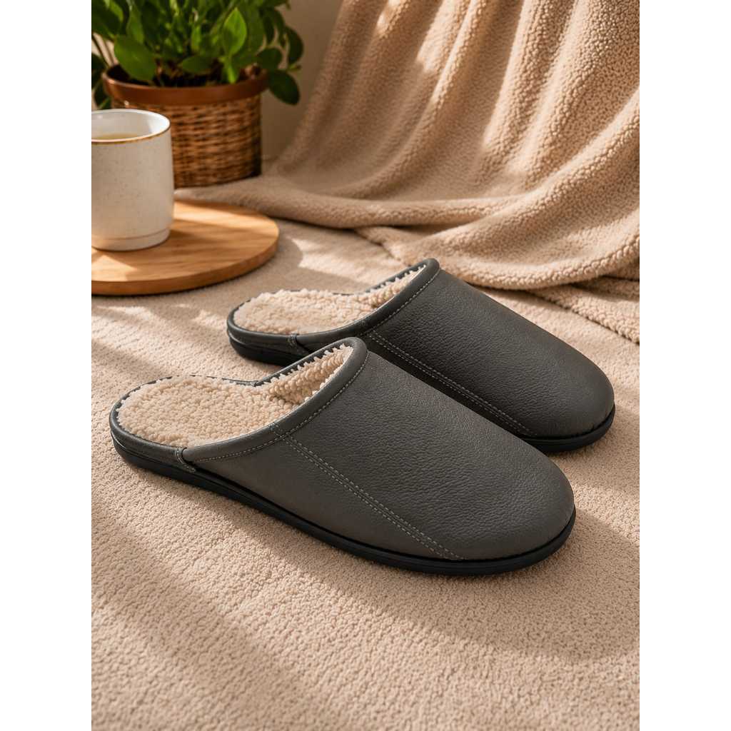 Chinelo pantufa de pelo confortavel em couro legitimo solado de borracha antiderrapante forrado com la cintetica