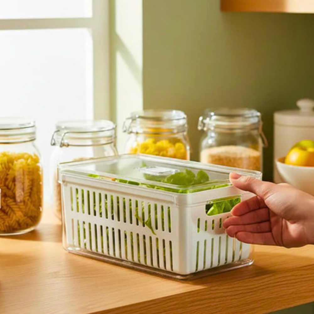 Organizador De Geladeira 5L Multiuso Clear Fresh Acrílico C/ Cesto Drenagem Frutas Vegetais Legumes