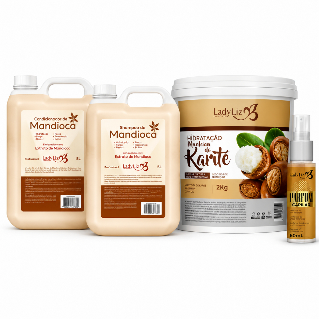 Kit Shampoo e Condicionador Mandioca 5l + Mascara Karité 2kg + Perfume Capilar 60ml (4 itens)