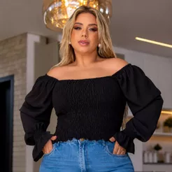 Blusa cropped feminina plus size tendência para 2026 com manga princesa bufante com tecido fresquinho elegante