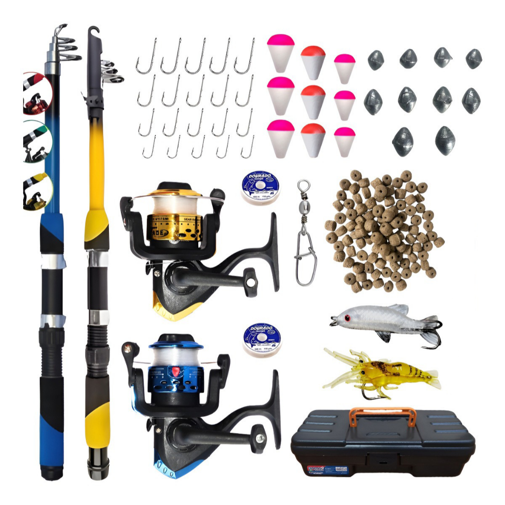 Kit Pesca Completo 2 Varas Telescópica + 2 Molinetes + Iscas