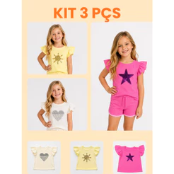 Kit 3 Blusas Infantil Marisa Menina Verão Algodão Paetê Manga Babado + Varinha Mágica