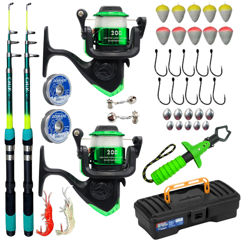 Kit de Molinete Completo com Vara de Fibra de Vidro Isca Artificial Tilapia Tucunare Traira Rio Piau