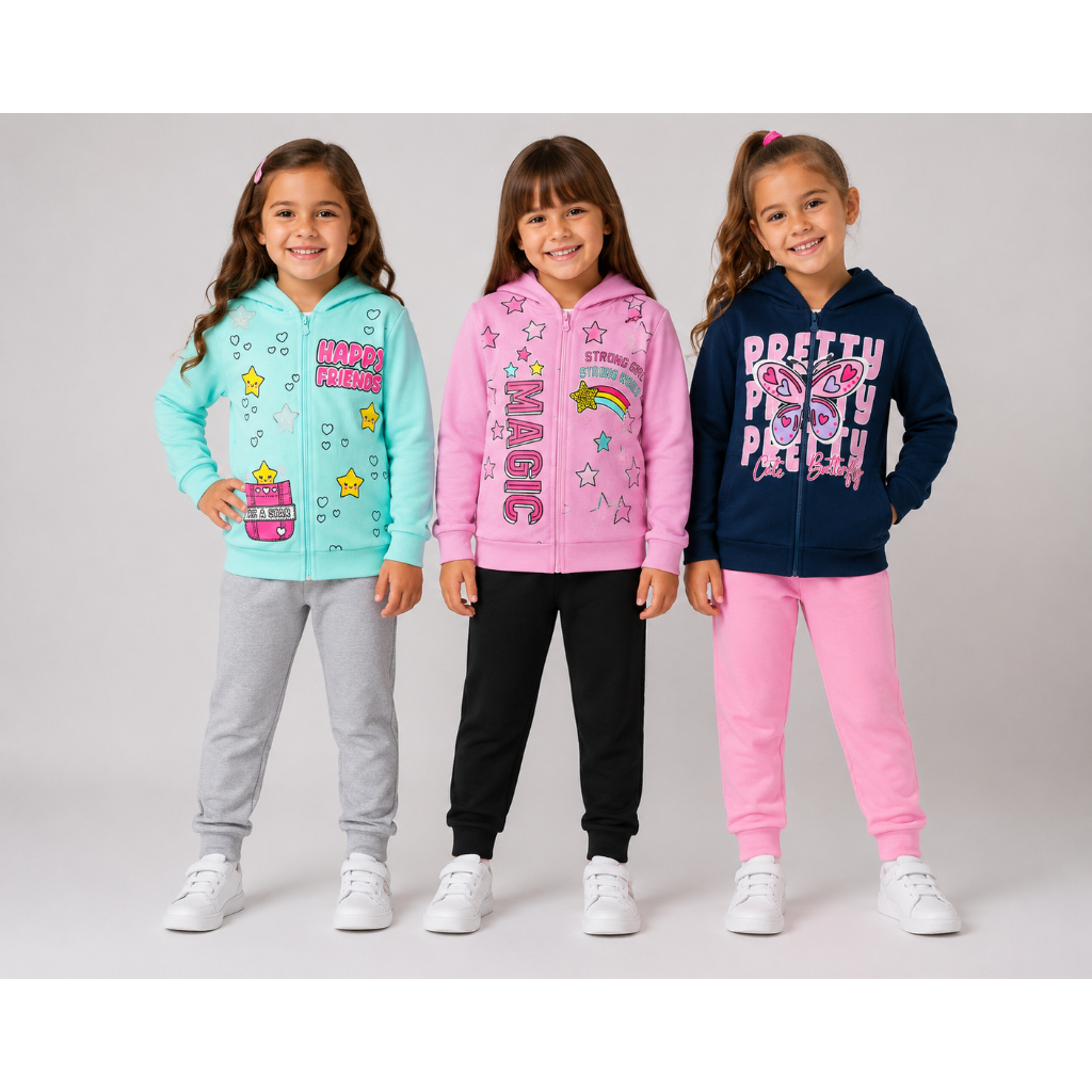 Kit 2 Conjuntos Infantil Jaqueta de Moletom com Capuz Menina-Inverno-Tamanhos 4 ao 8 Estampas Sortidas