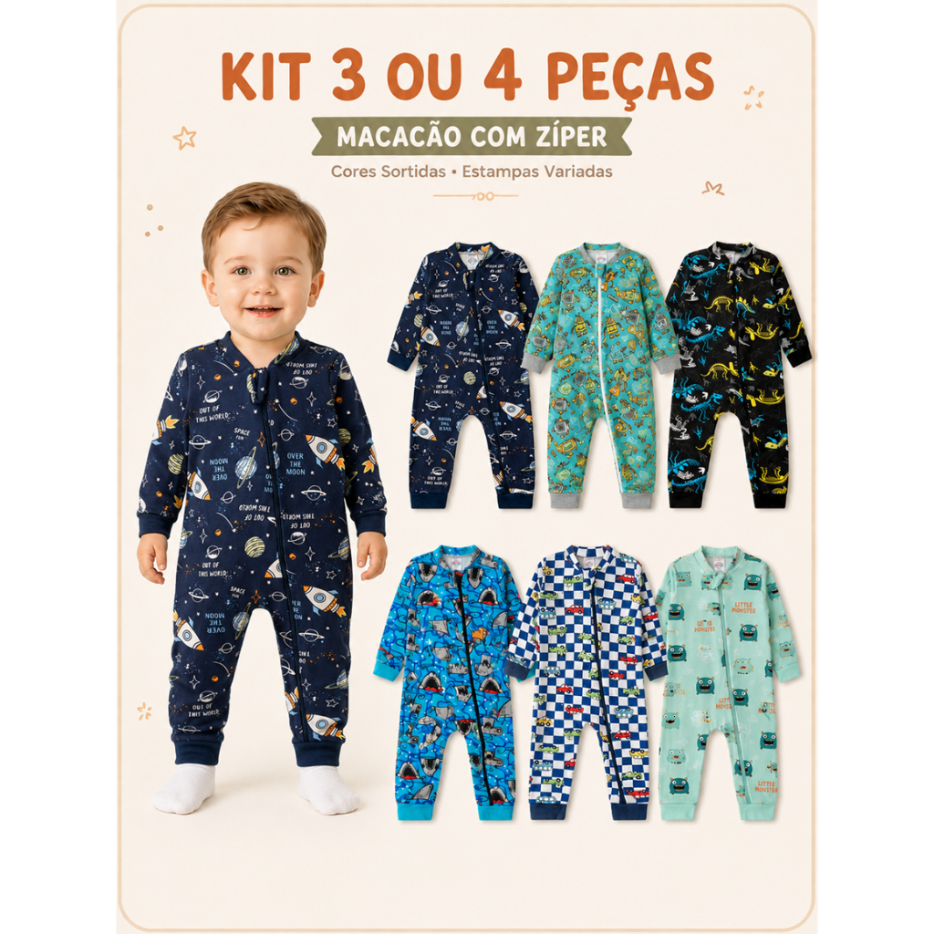 Kit 3 ou 4 Macacões Bebê Infantil Manga Longa Menino Suedine Inverno Roupa De Menino P ao 3