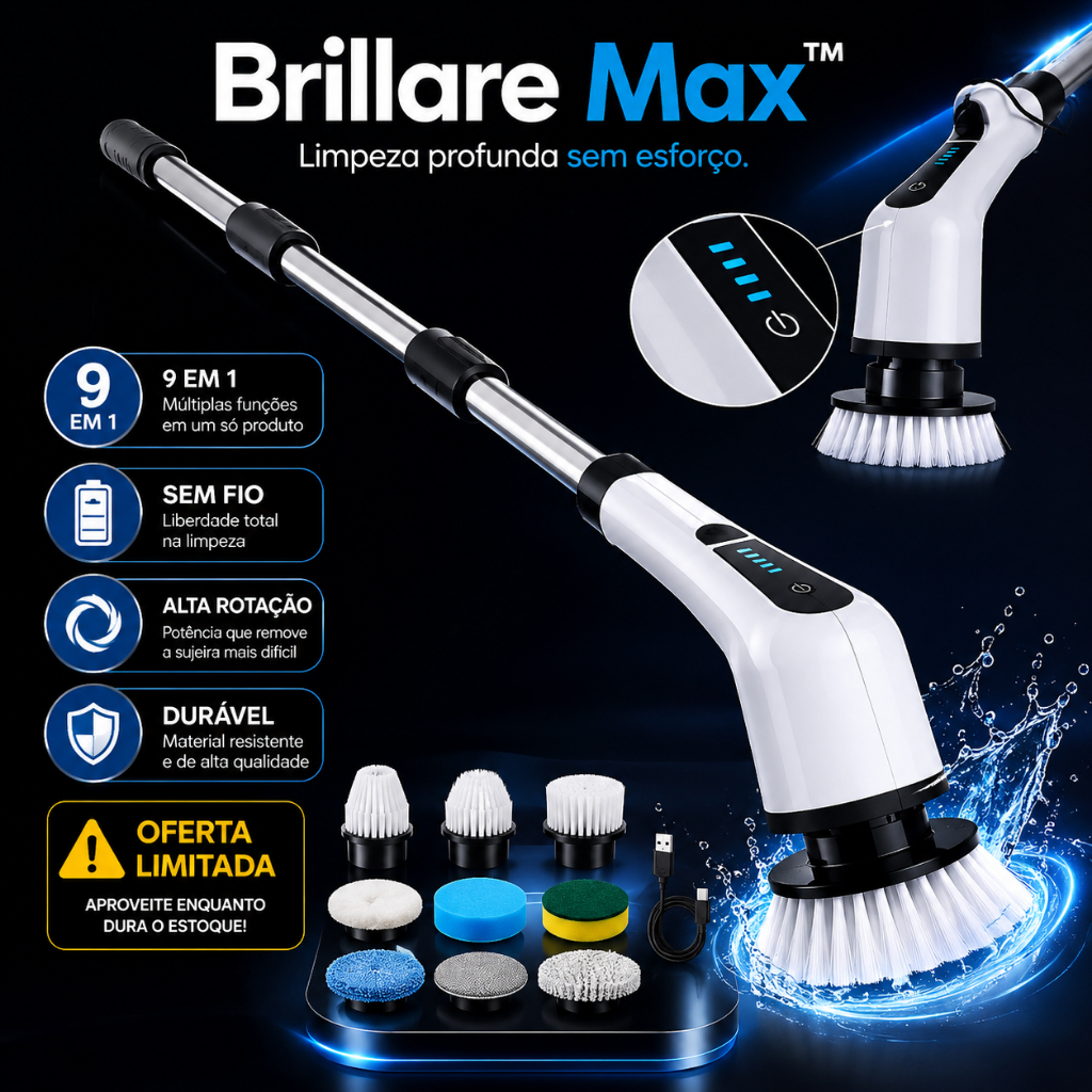 Brillare Max™ Escova Elétrica Rotativa 9 em 1 - Sem Fio - Cabo Extensível - Limpeza Multifuncional Bivolt