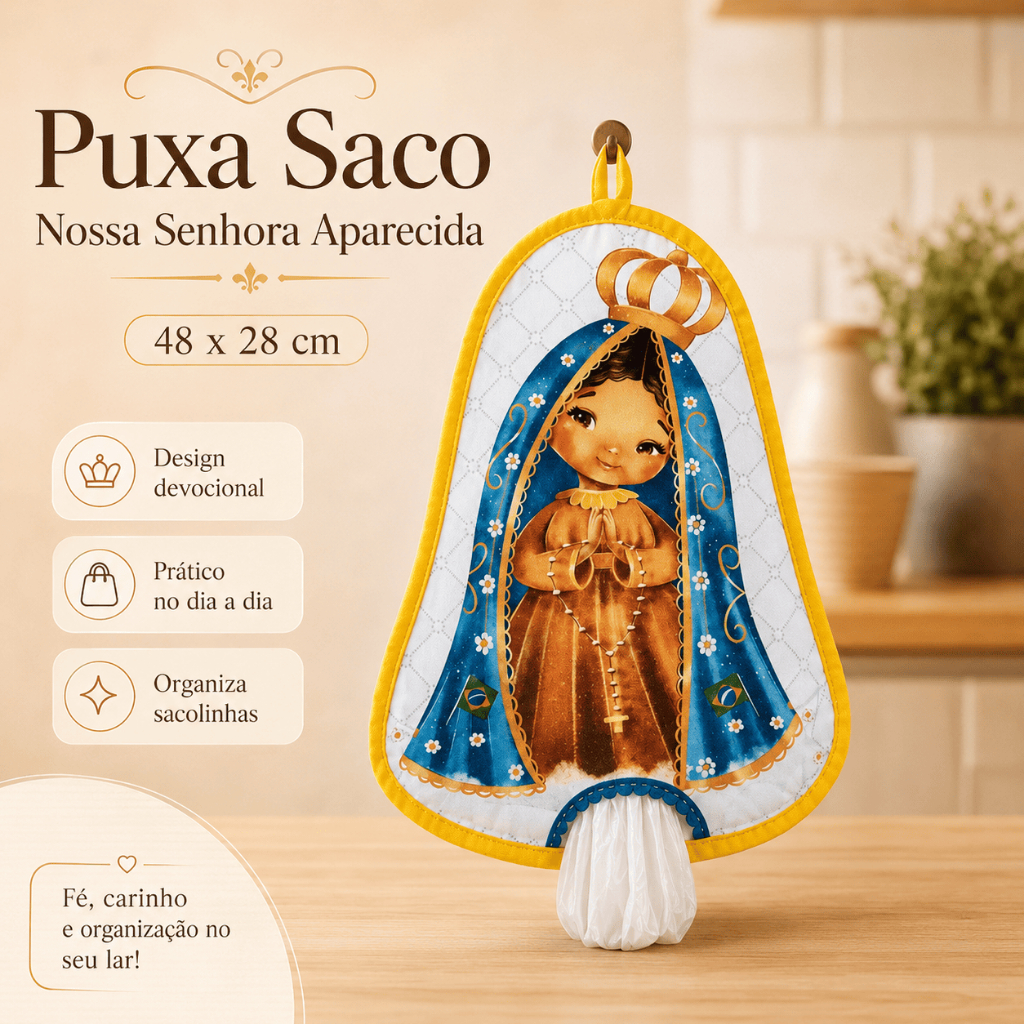 Puxa Saco Nossa Senhora Aparecida 48x28cm Porta Sacolinhas Organizador de Cozinha Decorativo