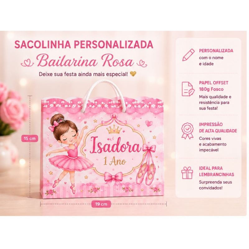 Sacolinha Personalizada Bailarina rosa|Fazemos todos os temas|Lembrancinha aniversário infantil-PEGUE E MONTE
