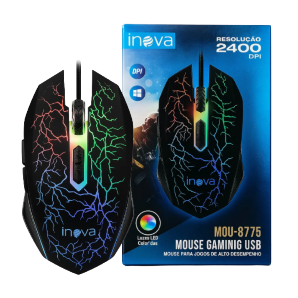 Mouse Gamer USB 2400 DPI Inova MOU-8775 com Led - Preto