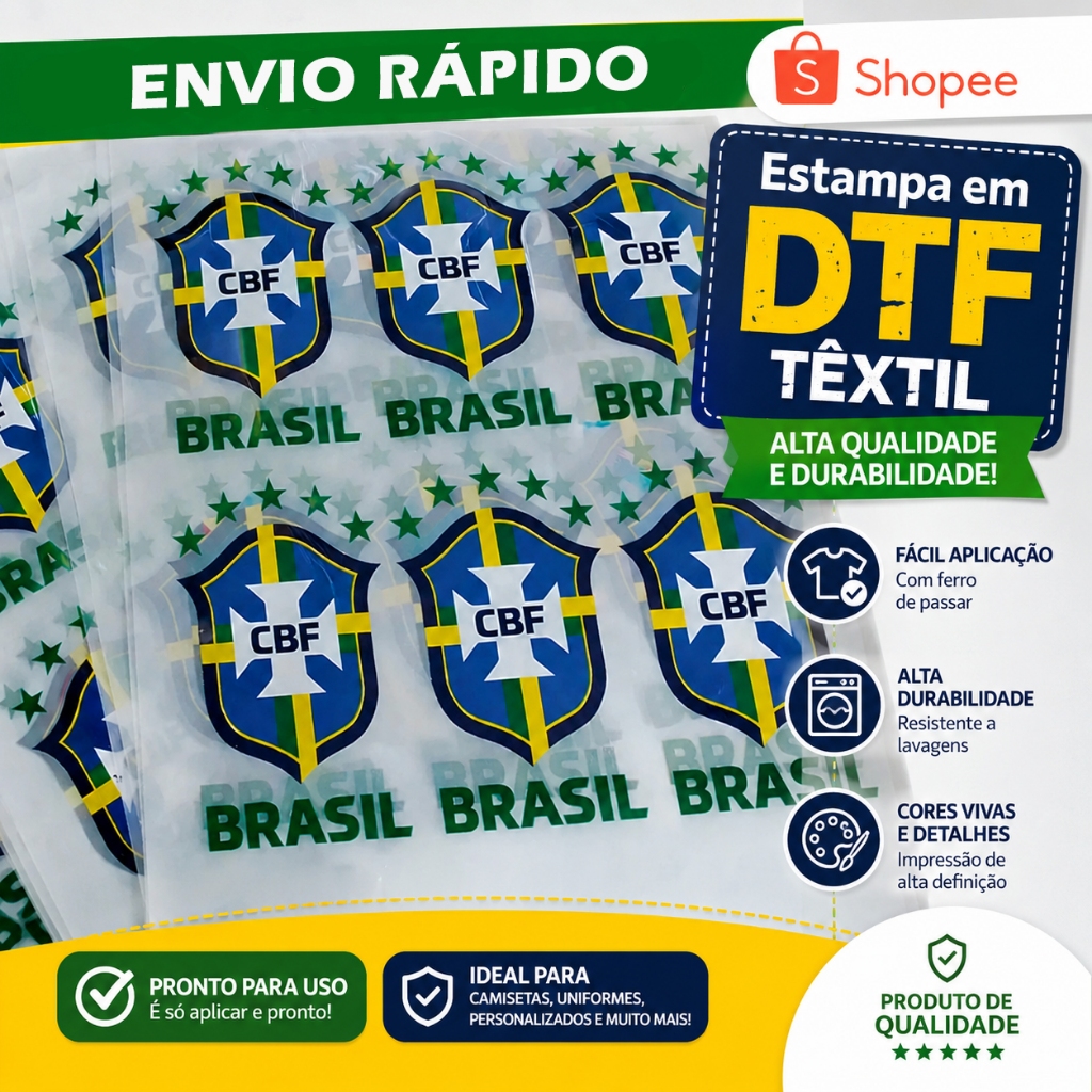 Estampa Brasil Copa do Mundo DTFTêxtil Termocolante 6x9cm|Patch de Fácil Aplicação | Ferro de Passar