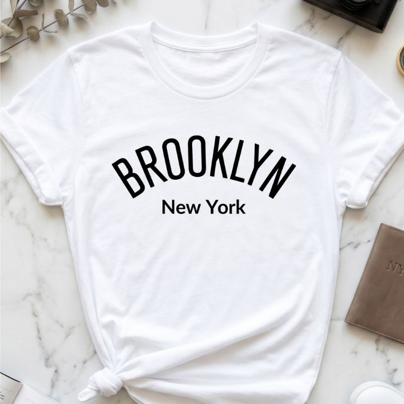 T-shirt de Manga Curta com Gola Redonda para Mulher, Estampa do Brooklyn Bridge Barato Dia a dia