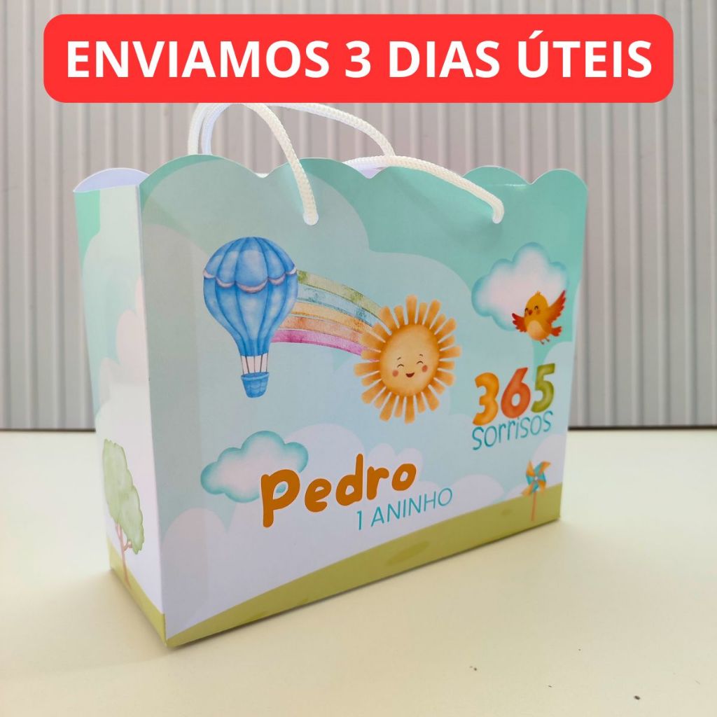Sacolinha Personalizada 365 Sorrisos, pré montada, não usa cola. Lembrancinha de Aniversário e festa