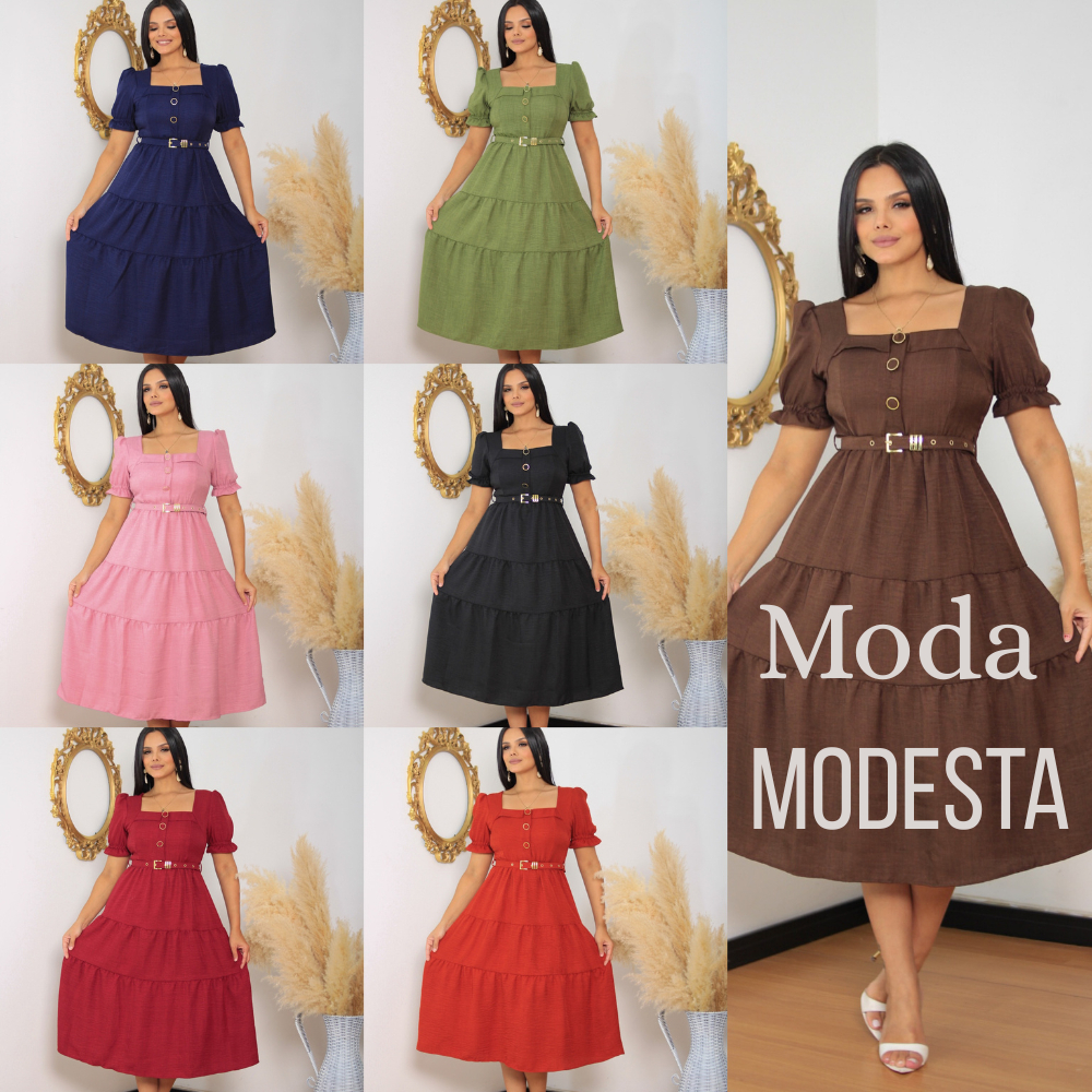 Vestido midi/ decote quadrado, Feminino com Cinto e com 3  botões frontais , Manga Bufante.