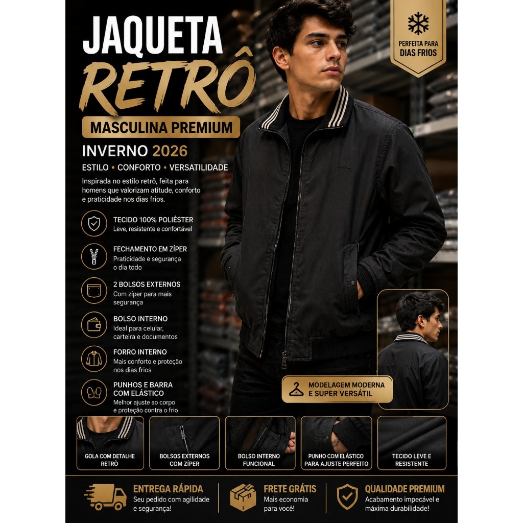 Jaqueta Bomber Sarja Masculina Premium Preta com Forro Interno e Bolsos Zíper Estilo Casual Moderno